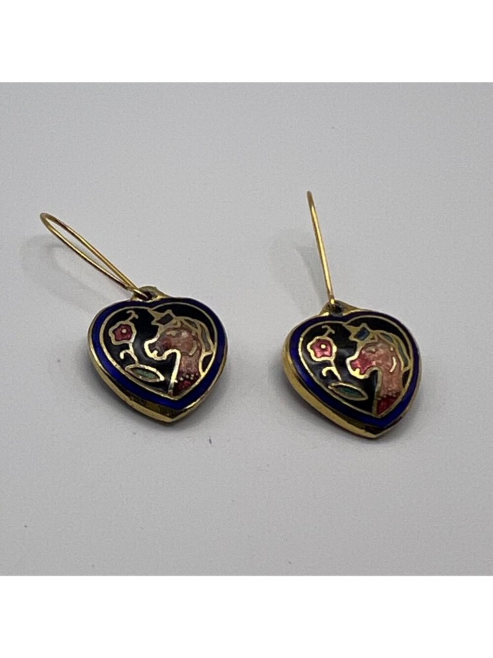Heart-Shape Cloisonné Earrings Unicorn Gold-Tone Double-Sided Cobalt Blue Black - Picture 10 of 10